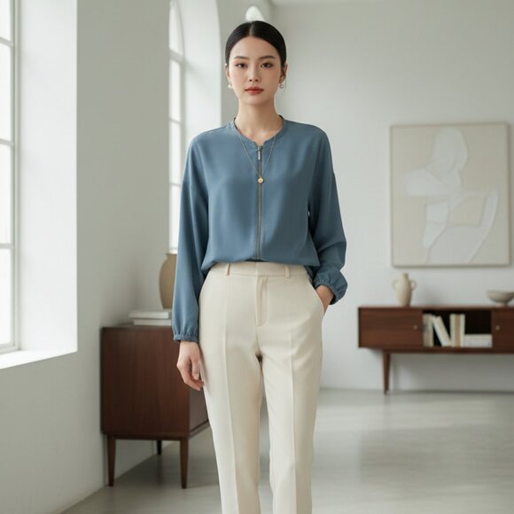 Halston Dusk Blue Oversized Relaxed Full Zip Blouse Size Medium Minimalist Chic - Picture 1 of 8